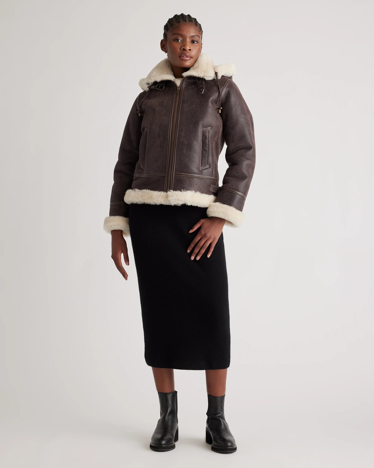 100% Shearling Cold Weather Bomber Jacket - XS / Black