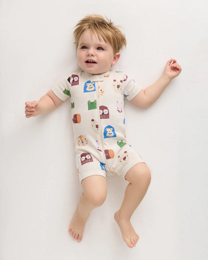 100% Organic Cotton Shortie Onesie Pajama - 0-3M / Animal Faces