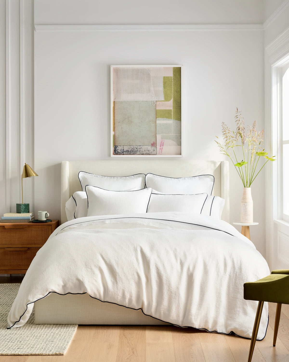 European Linen Piped Sham Set - Standard / White/Cherry