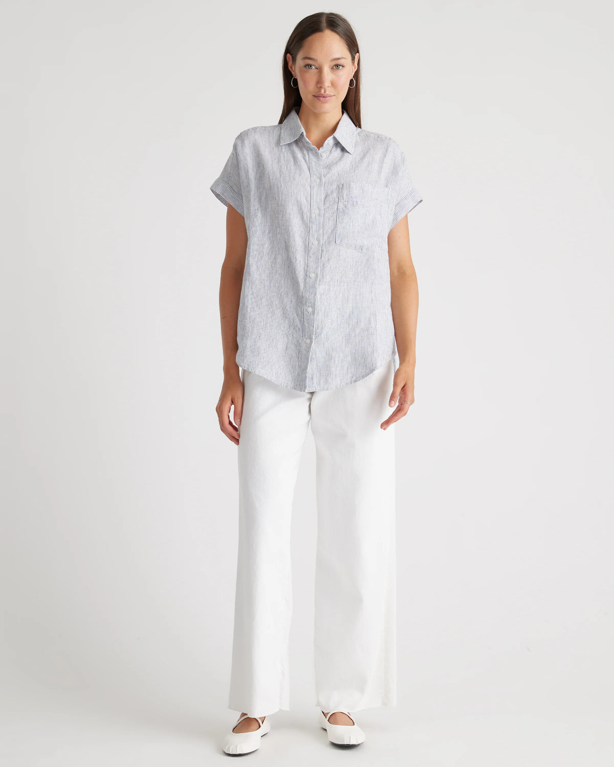 100% European Linen Camp Shirt - XS / Sky Blue Mariner Stripe