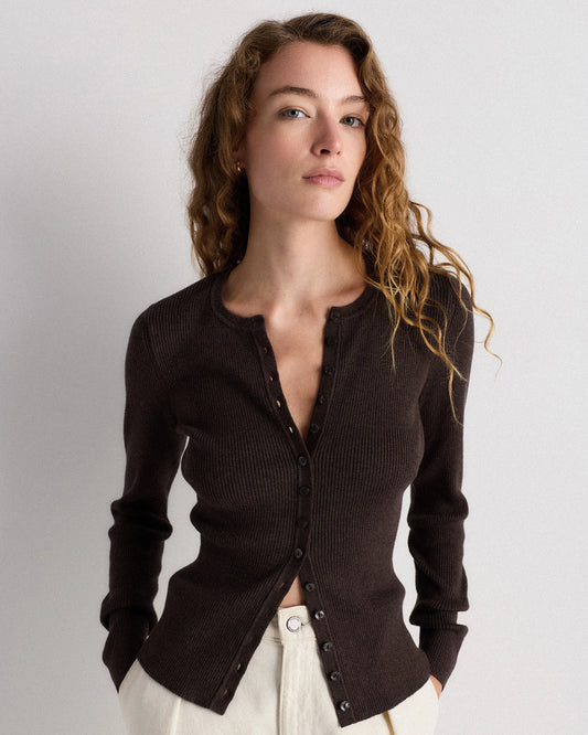 Cotton Cashmere Fitted Ribbed Cardigan - XS / Mocha Heather