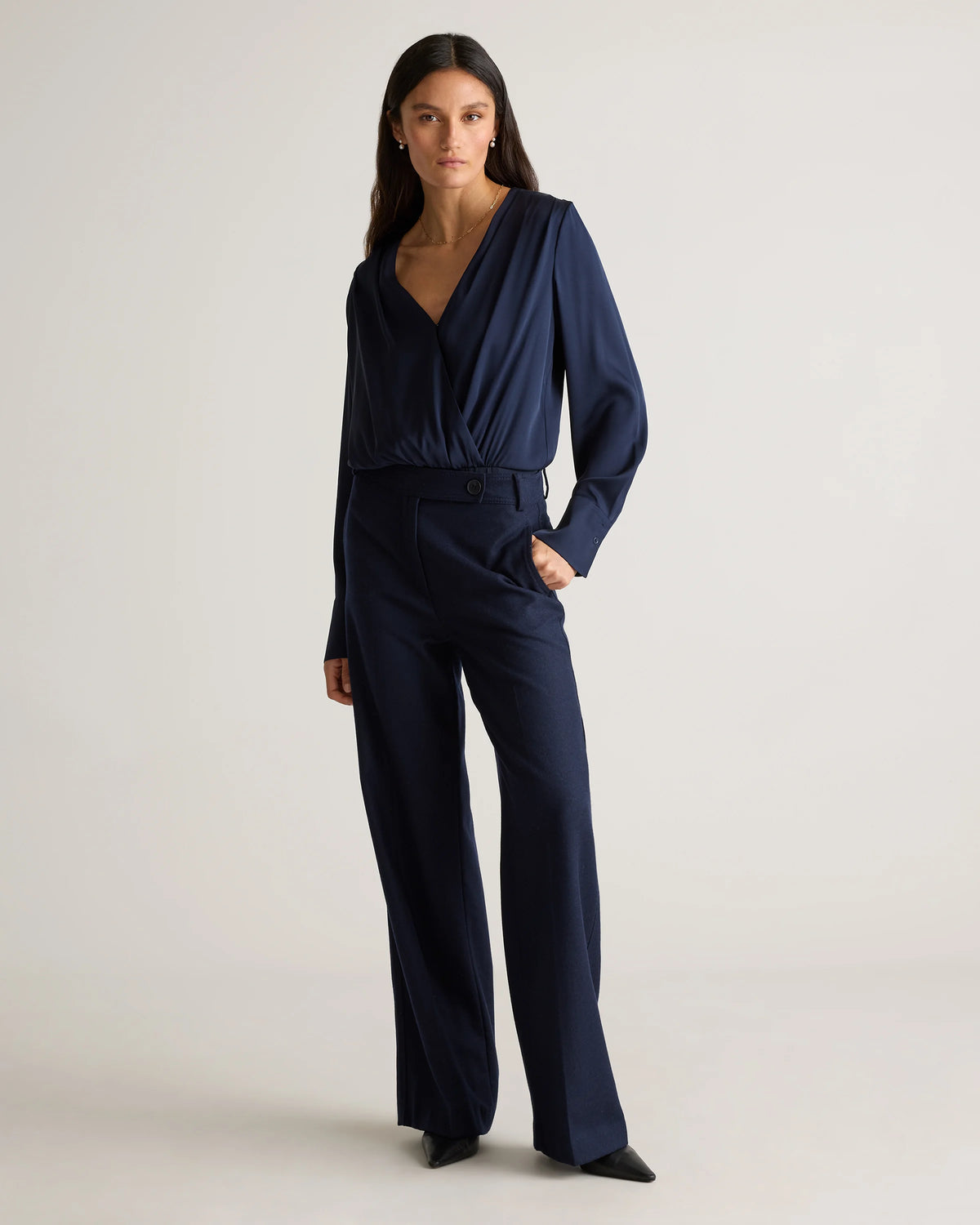 Washable Stretch Silk Surplice Bodysuit - XS / Moonstone Blue