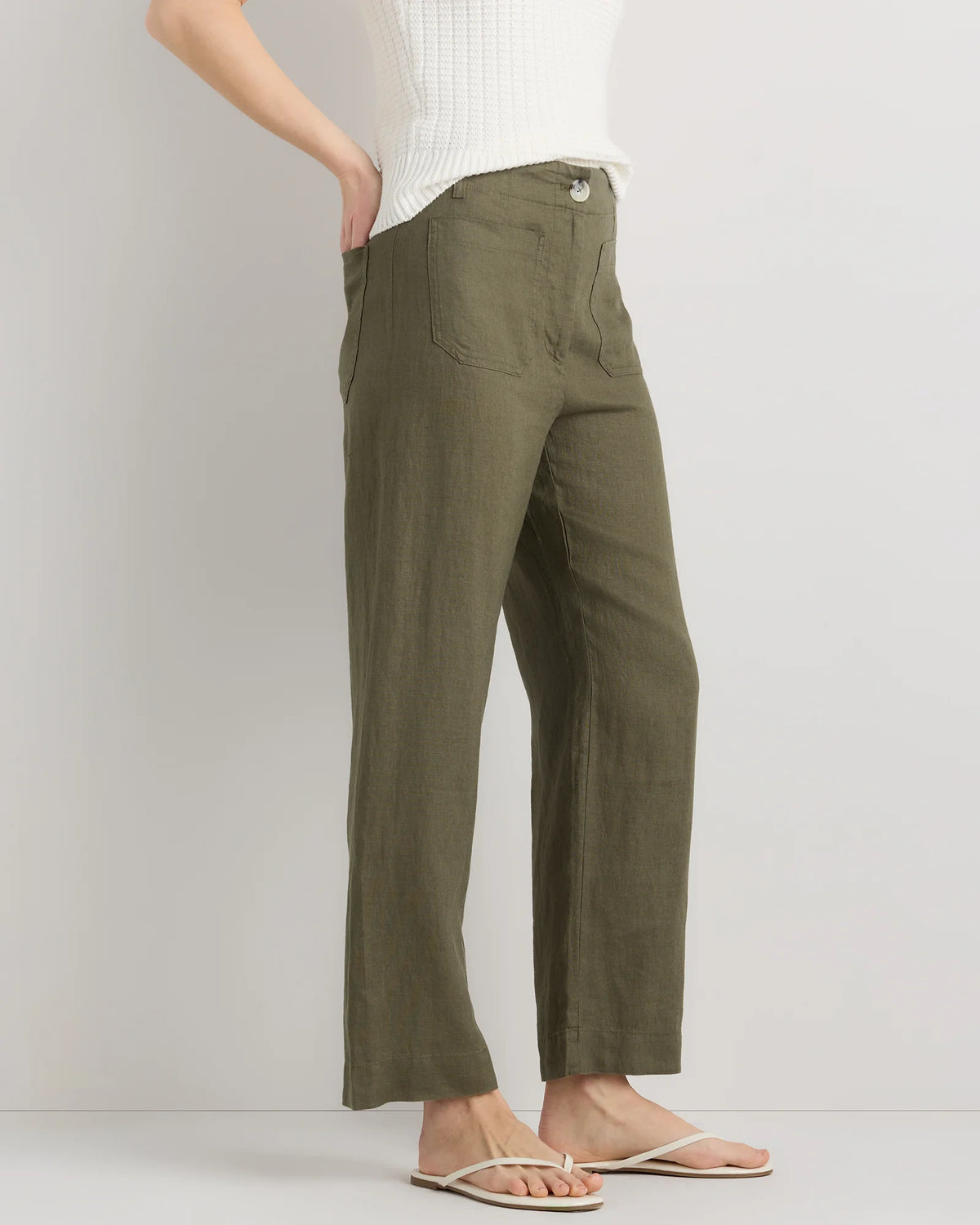 100% European Linen Patch Pocket Wide Leg Pants - 0 / Taupe Brown Chambray