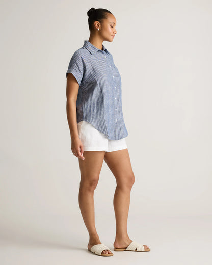 100% European Linen Camp Shirt - XS / Sky Blue Mariner Stripe