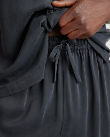 100% Washable Silk Button Down Short Set - S / Black
