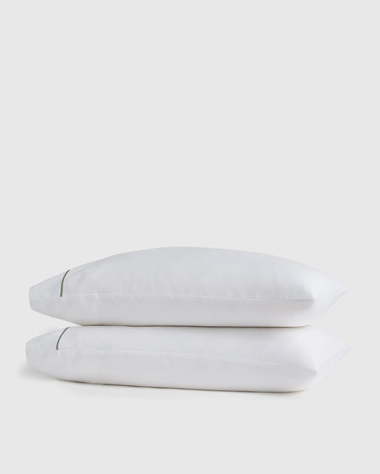 Signature Giza Cotton Sateen Embroidered Pillowcase Set - Standard / White/Dried Sage