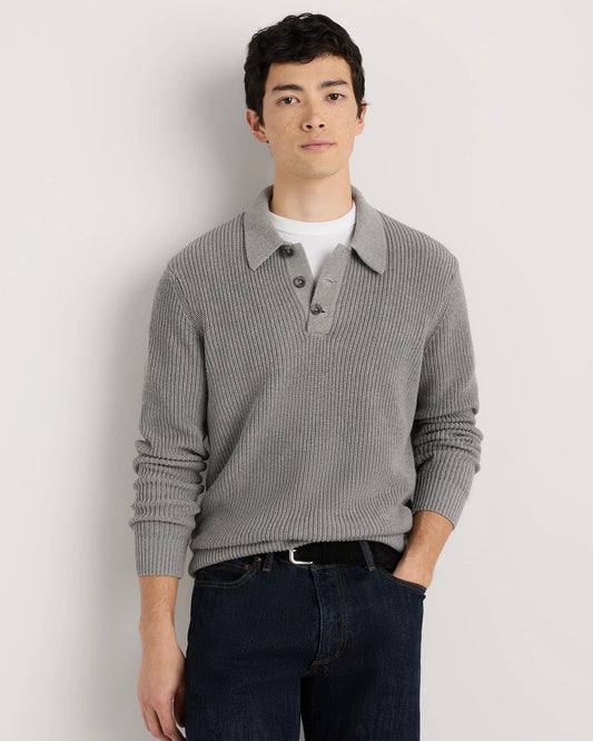 100% Organic Cotton Ribbed Polo Sweater - XS / Mid Heather Grey