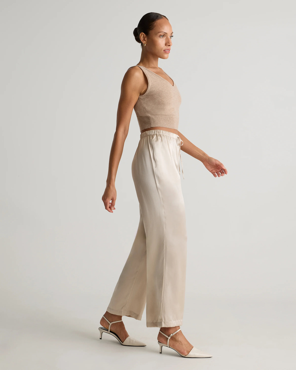 100% Washable Silk Drawstring Wide Leg Pants - XS / Champagne