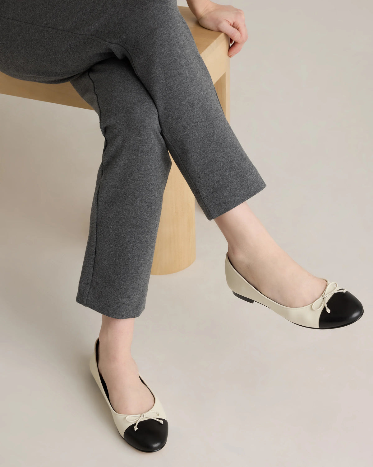 Italian Leather Cap-Toe Ballet Flat - 5 / Bone/Black