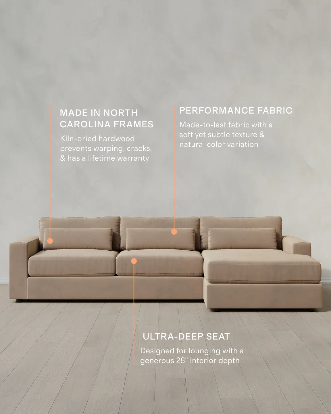 Ashford Deep Seat Chaise Sectional in Performance Velvet - 119" Right Arm / Rust