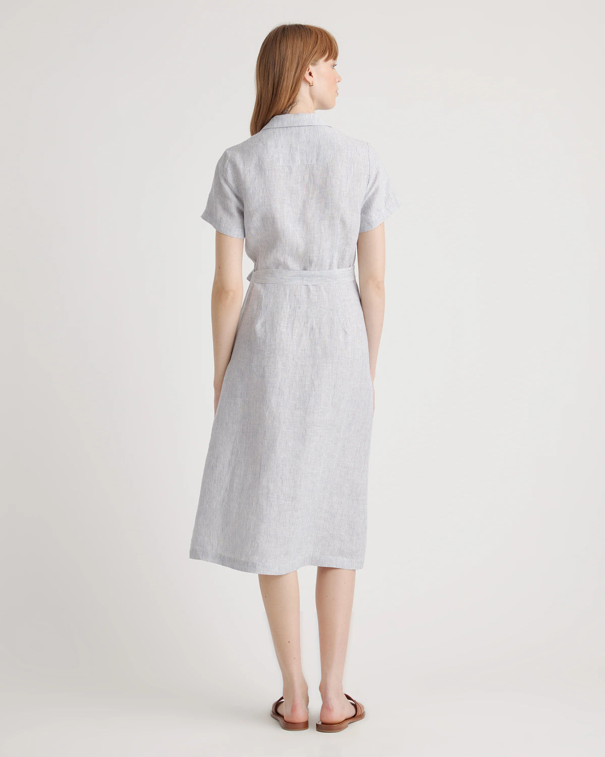 100% European Linen Button Front Dress - XS / Sky Blue Mariner Stripe