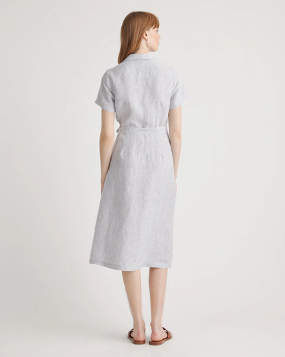100% European Linen Button Front Dress - XS / Sky Blue Mariner Stripe