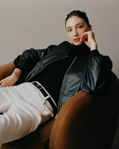 100% Leather Collarless Cropped Bubble Hem Jacket