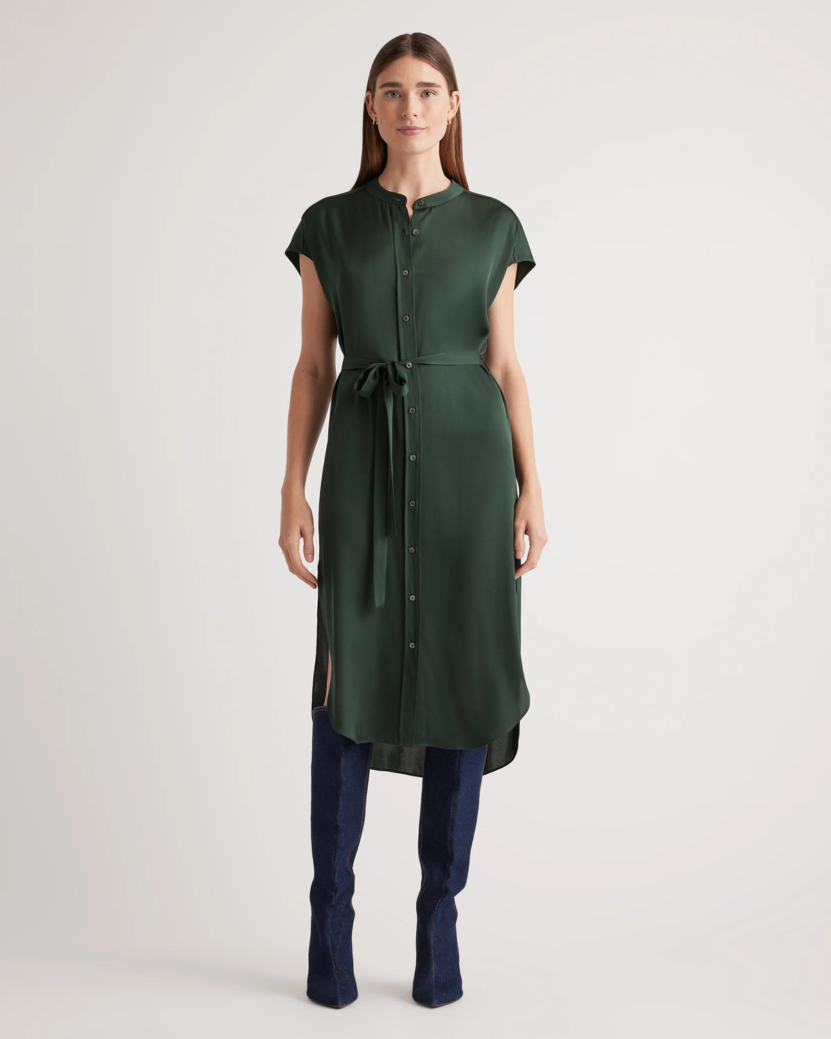 Washable Stretch Silk Midi Shirt Dress - XS / Black