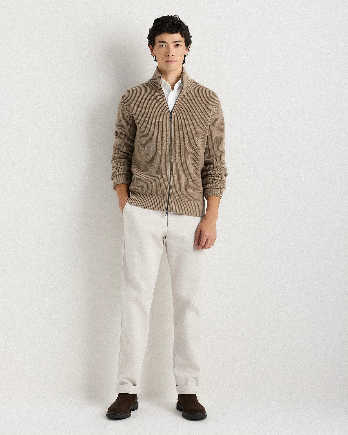 Australian Merino Wool Full Zip Sweater - S / Heather Bone