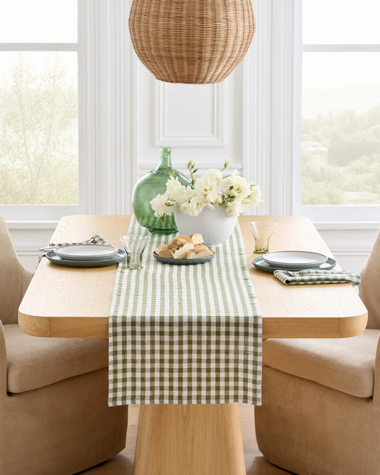 European Linen Gingham Table Runner - 16x108 / Cafe