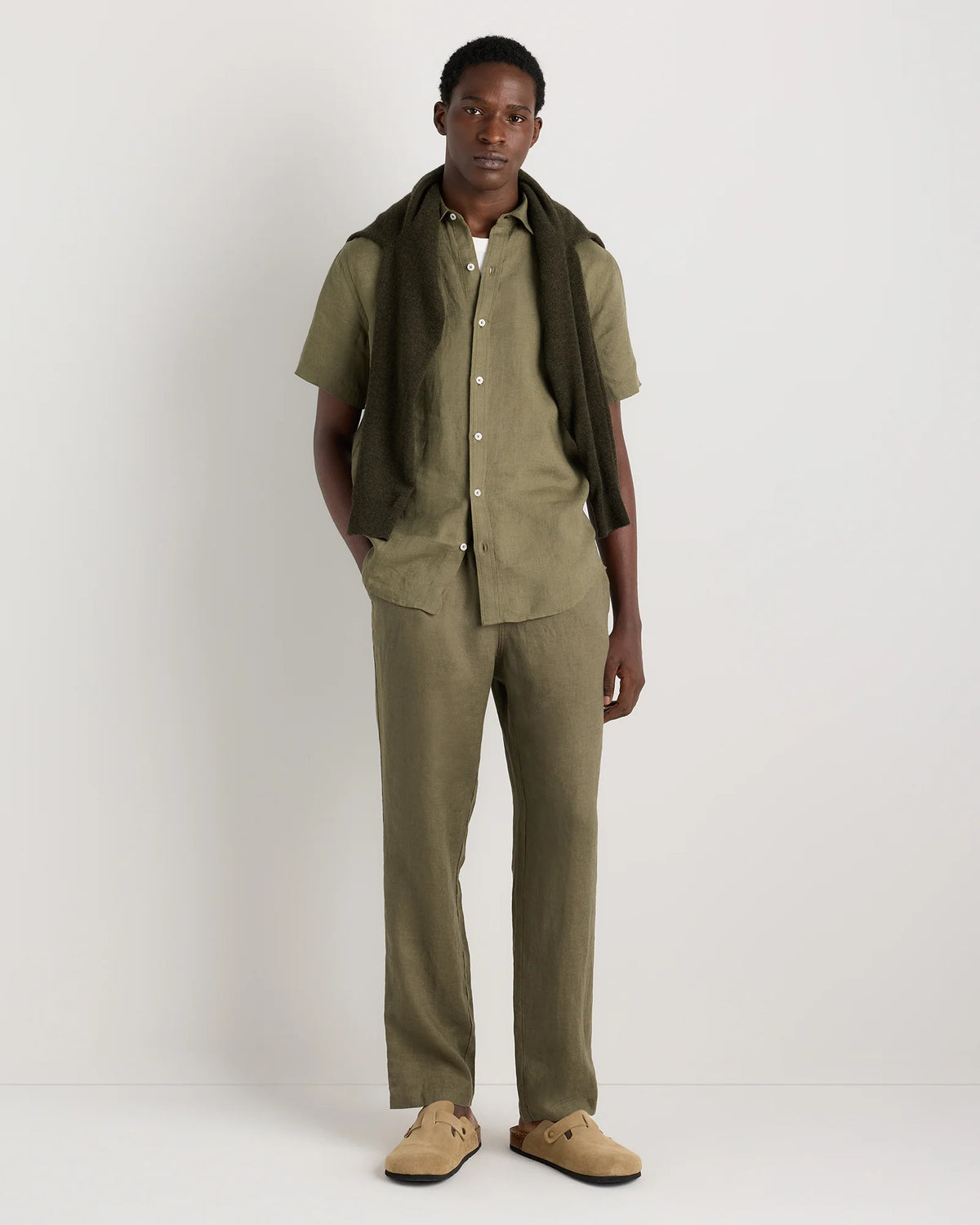 100% European Linen Relaxed Short Sleeve Shirt - XS / Taupe Brown Chambray