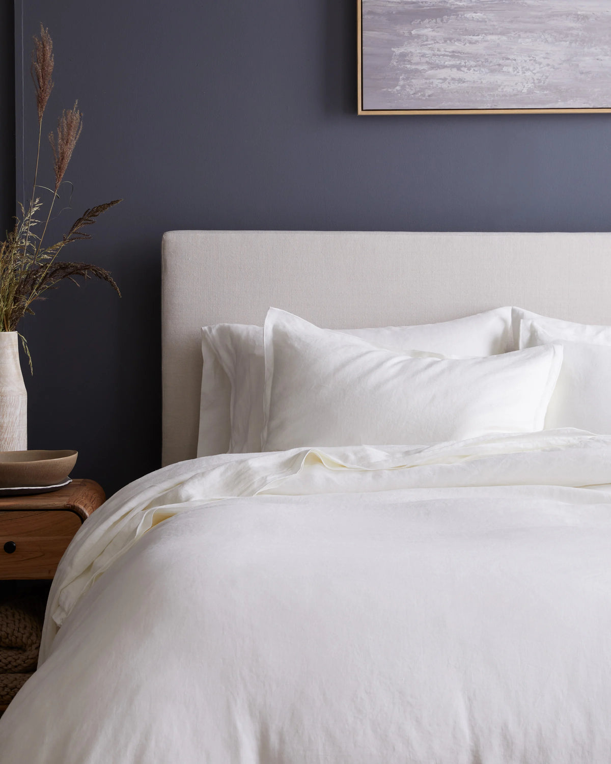 European Linen Double Embroidered Edge Sham Set - Standard / White with Black Embroidery