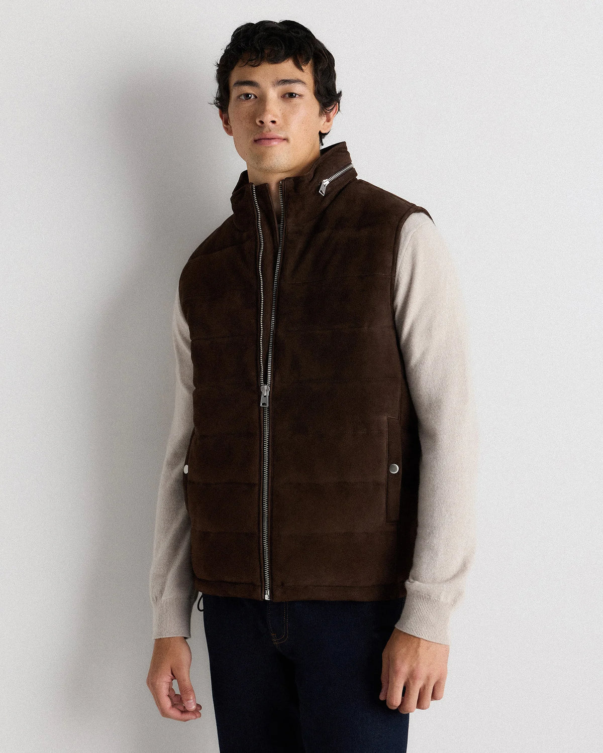 100% Suede Puffer Vest - S / Charcoal Black