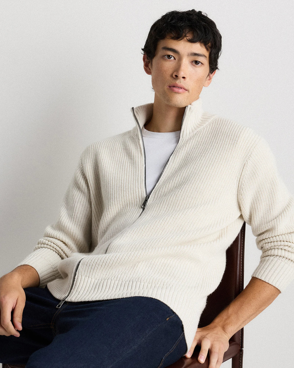 Australian Merino Wool Full Zip Sweater - S / Heather Bone