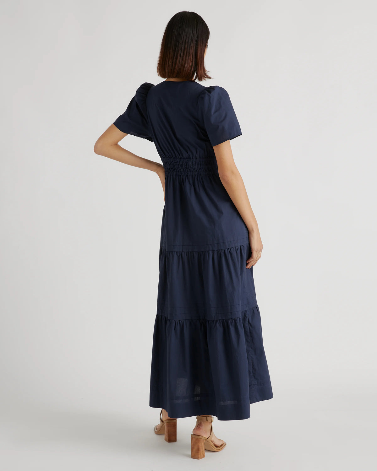 100% Organic Cotton Poplin Tiered Maxi Dress - XS / Navy