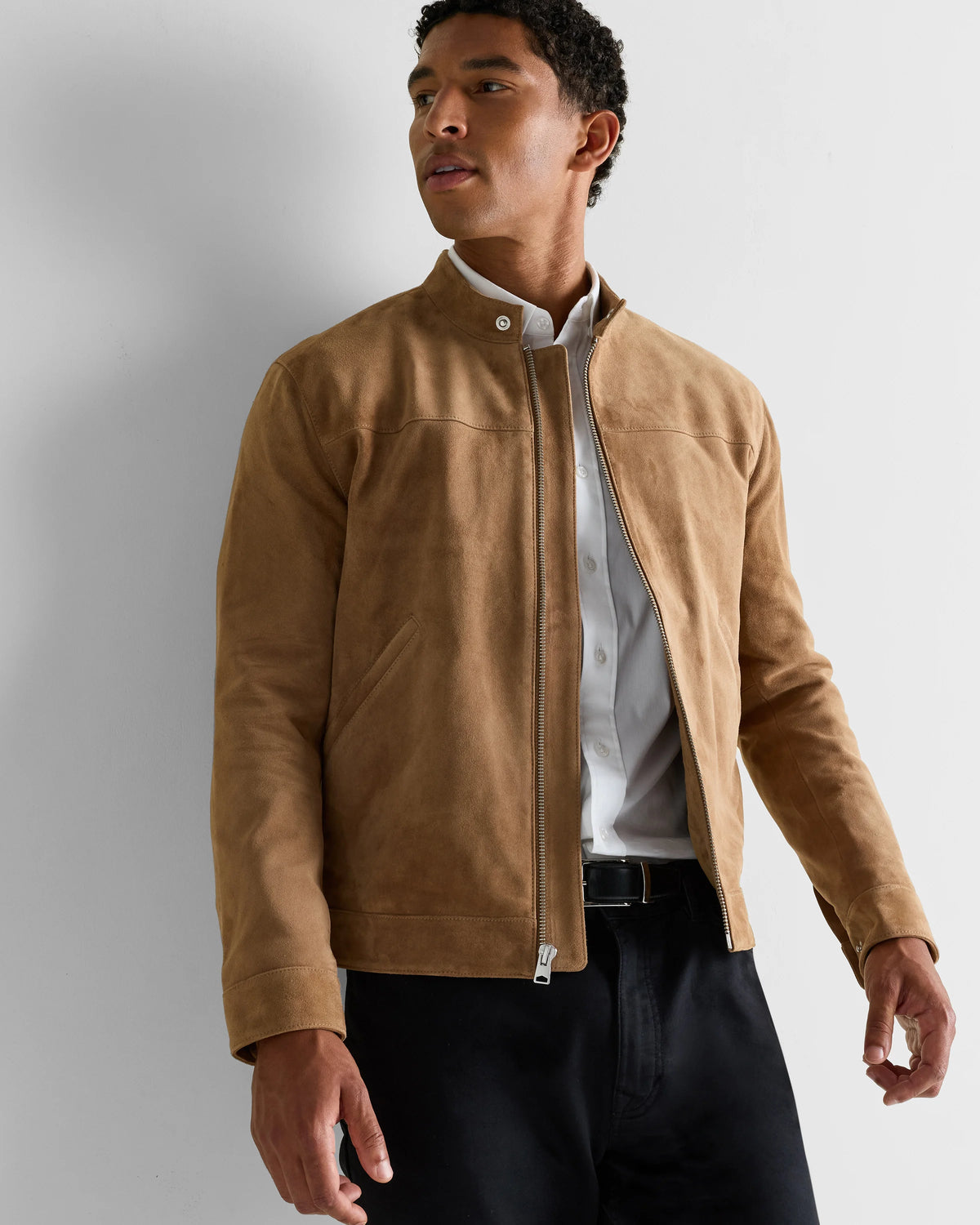 100% Suede Café Racer Jacket - S / Pecan Brown