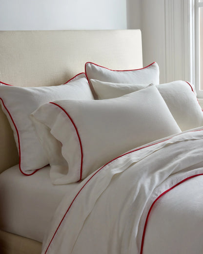 European Linen Piped Pillowcase Set - Standard / White/Cherry