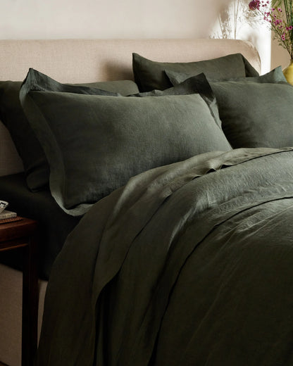 European Linen Double Flange Duvet Cover Set - Twin / Dusty Olive