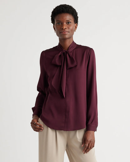 Washable Stretch Silk Tie Neck Blouse - XS / Moonstone Blue