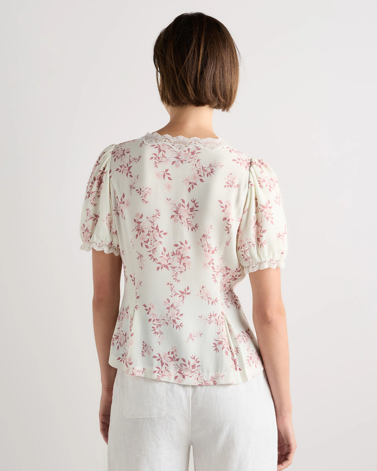 Lightweight Crepe Lace Puff Sleeve Blouse - XS / Ivory Rose Pink Petite Floral