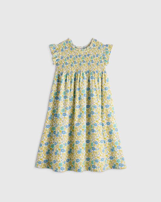 100% Organic Cotton Poplin Smocked Flutter Sleeve Dress - 2T / Blue Ditsy Floral