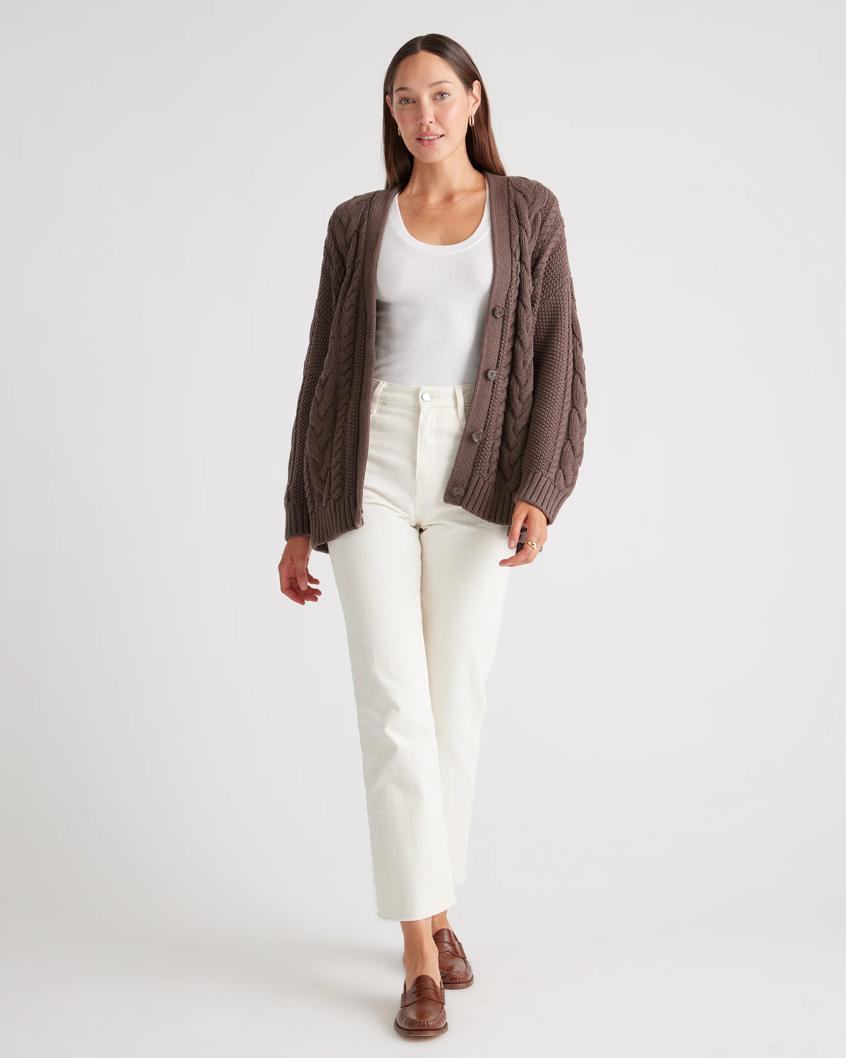 100% Organic Cotton Oversized Cable Cardigan - XS / Heather Brown