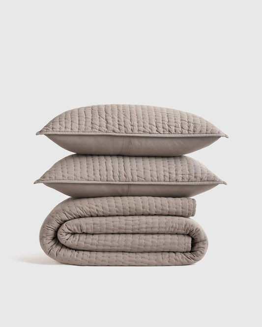 European Linen Cotton Stitch Quilt Set - Twin / Stone