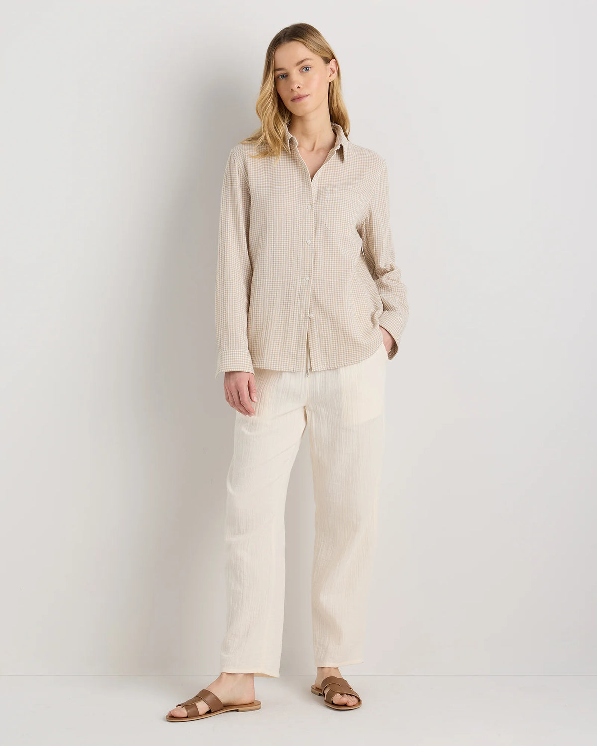100% Organic Cotton Gauze Long Sleeve Shirt - XS / Khaki Gingham