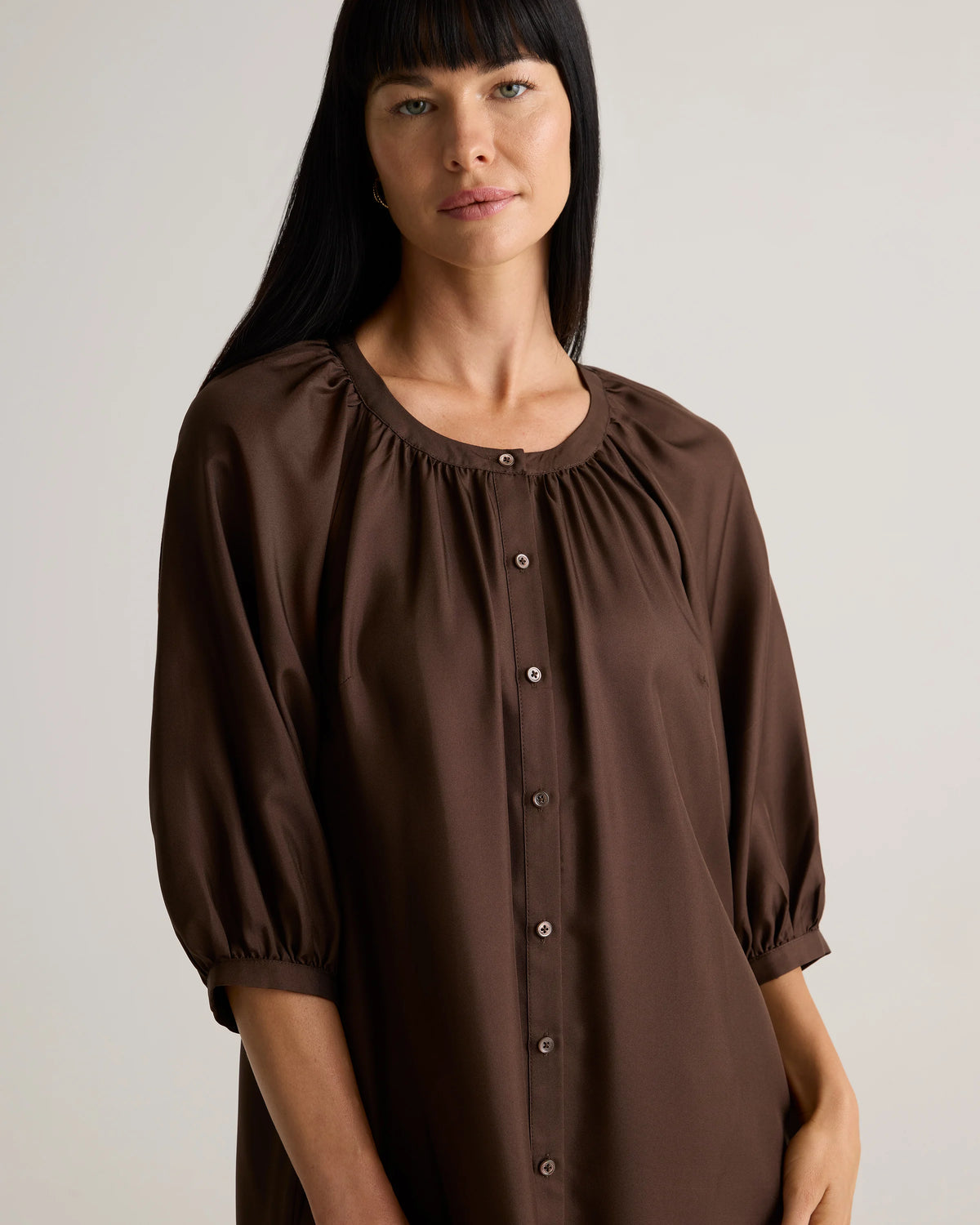 100% Silk Twill Button Front Mini Dress - XS / Hot Fudge