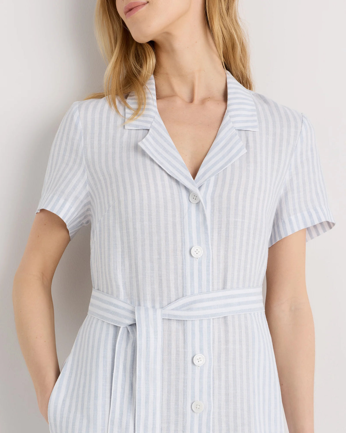 100% European Linen Button Front Dress - XS / Sky Blue Mariner Stripe