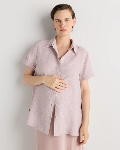 100% European Linen Maternity Camp Shirt - XS / Blue Pinstripe
