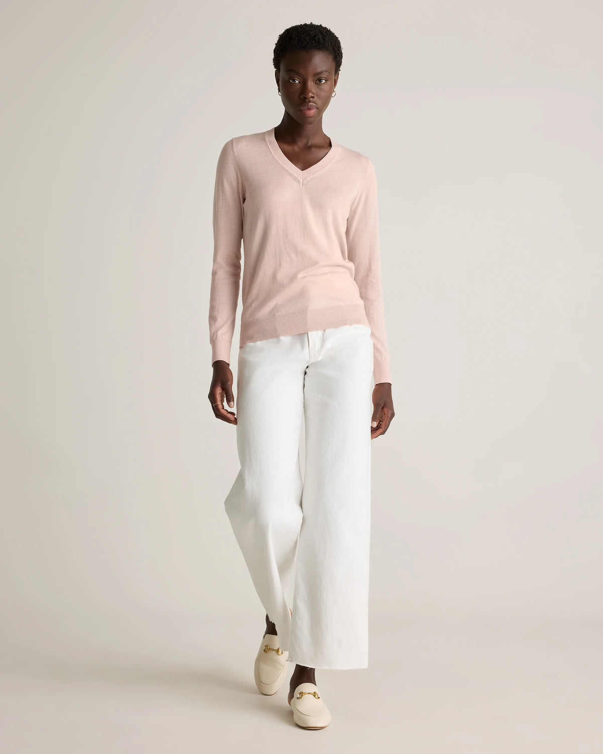 Lightweight Cotton Cashmere V-Neck Sweater - XS / Sugar Stone