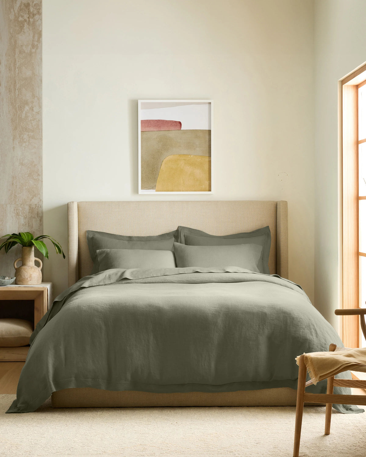 European Linen Double Flange Duvet Cover Set - Twin / Dusty Olive