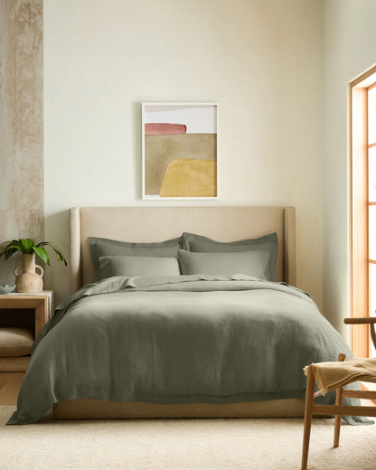 European Linen Double Flange Duvet Cover Set - Twin / Dusty Olive