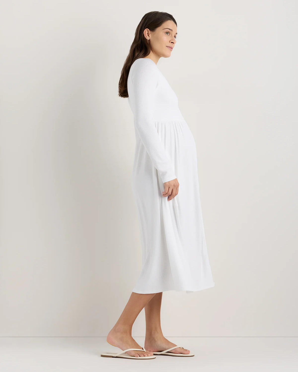 Bamboo Rib Maternity Long Sleeve Button Front Dress - XS / Classic White