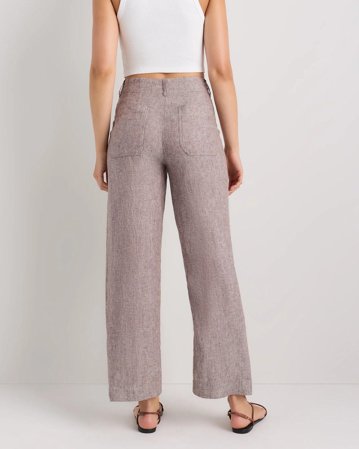 100% European Linen Patch Pocket Wide Leg Pants - 0 / Taupe Brown Chambray