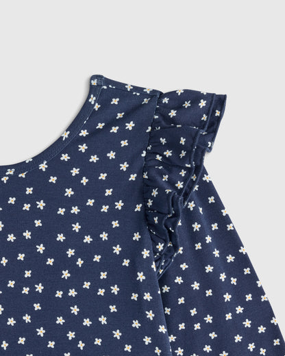 Bamboo Long Sleeve Flutter Twirl Dress - 6 / Navy Blossoms