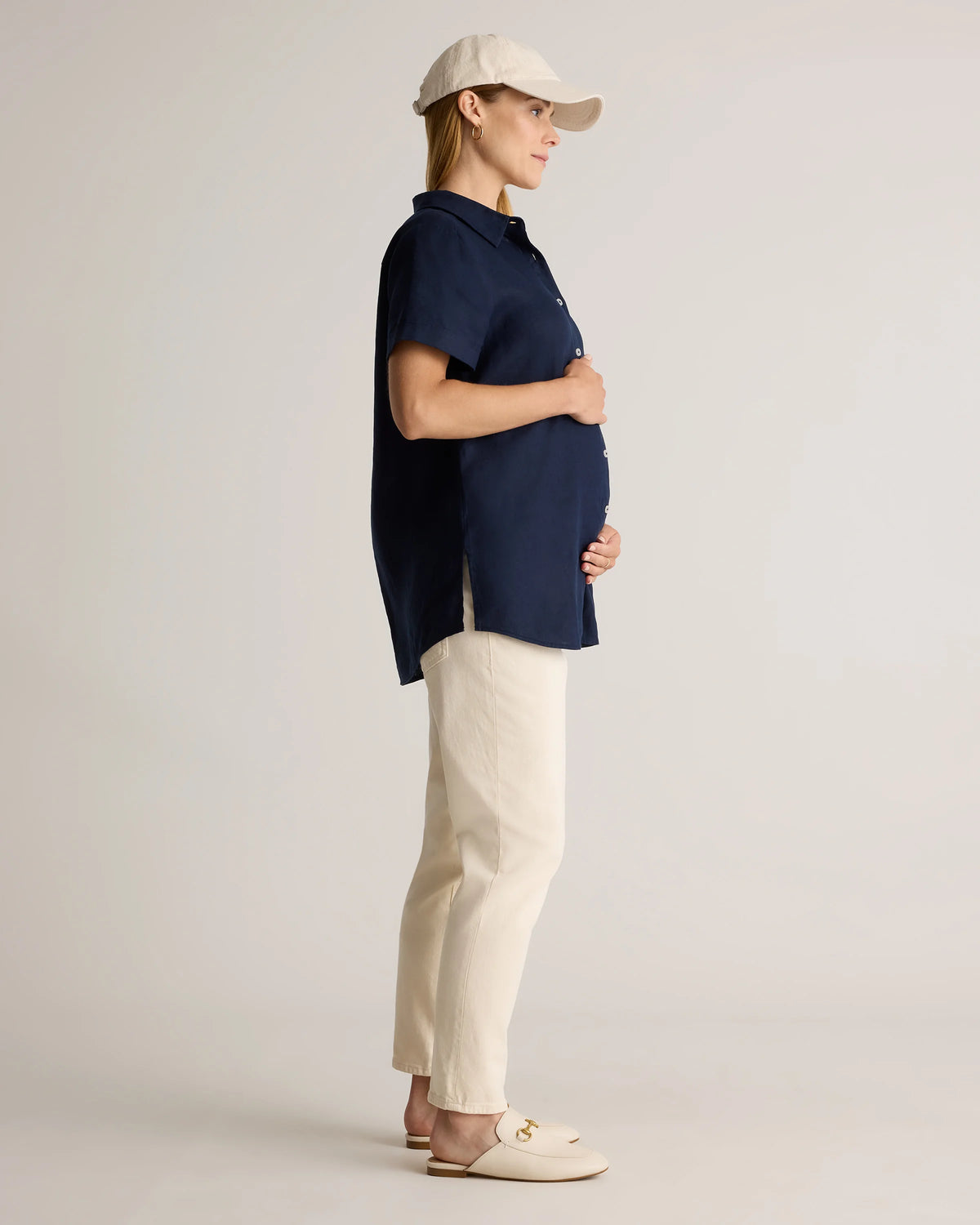 100% European Linen Maternity Camp Shirt - XS / Blue Pinstripe