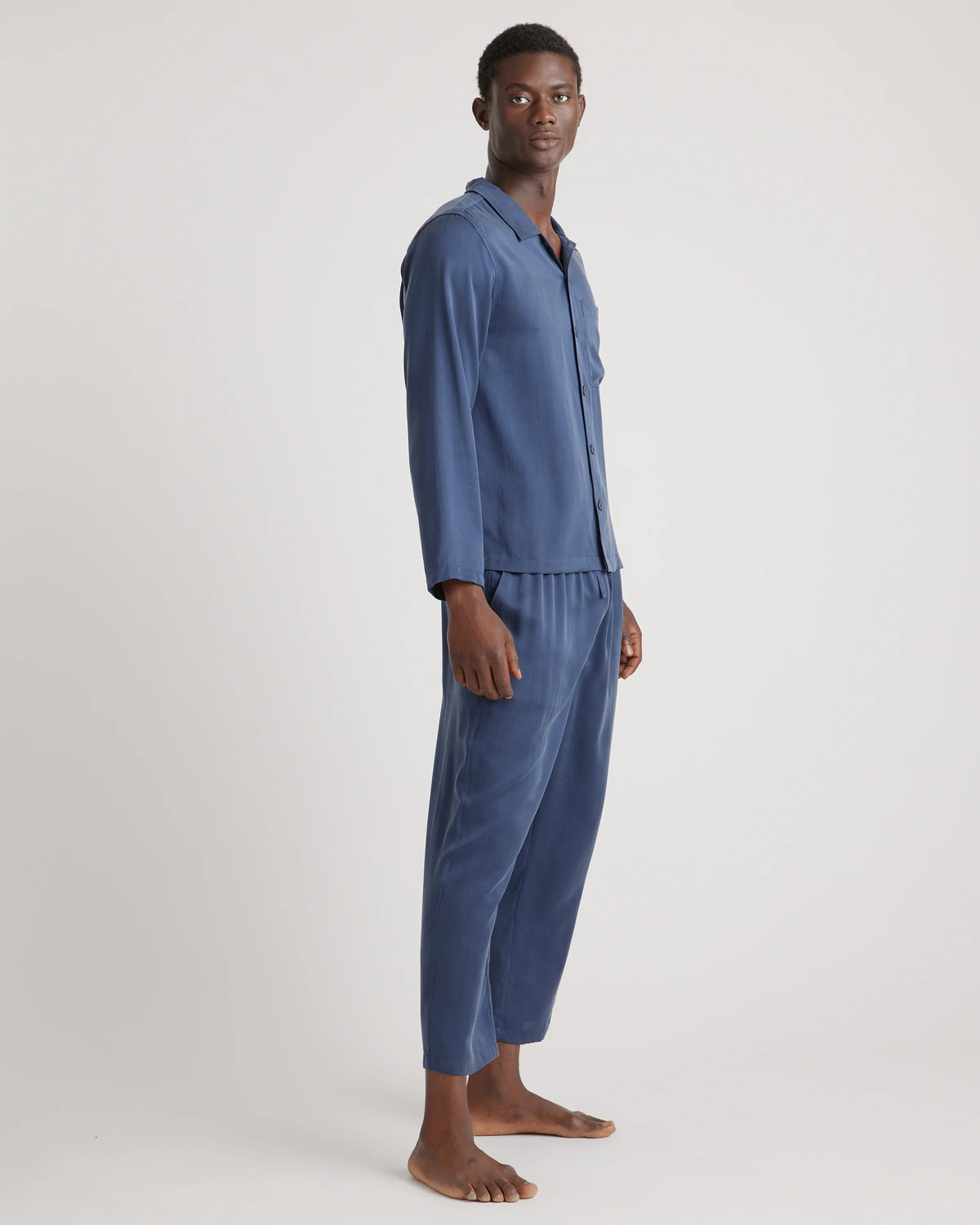 100% Washable Silk Button Down Pant Set - S / Indigo