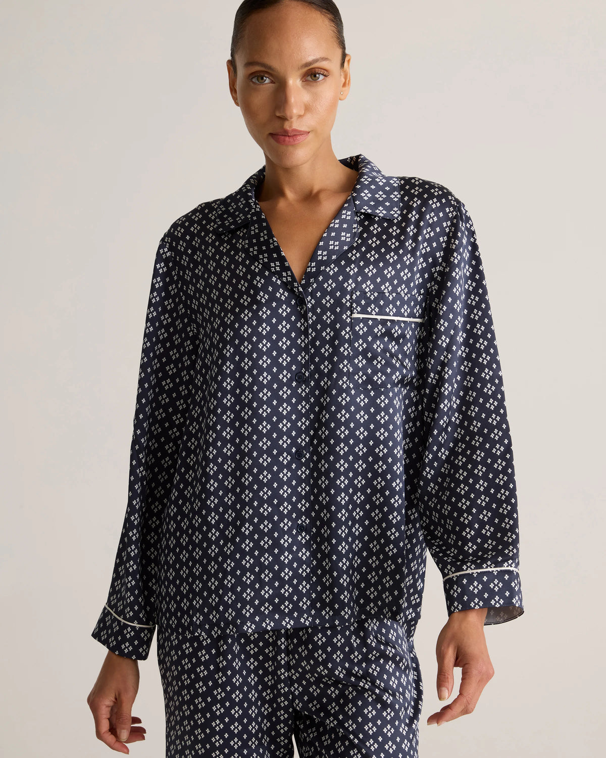 100% Washable Silk Satin Pajama Long Sleeve Top - XS / Toasted Almond