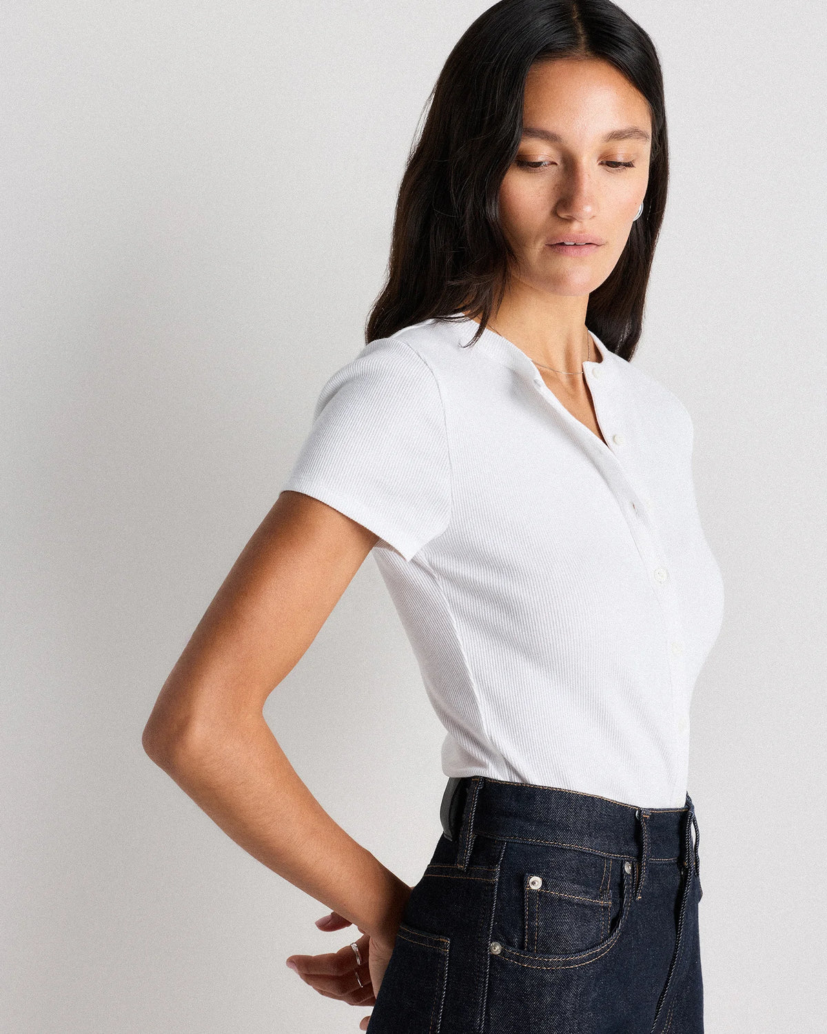 Organic Cotton Micro-Rib Button Tee - XS / Soft White