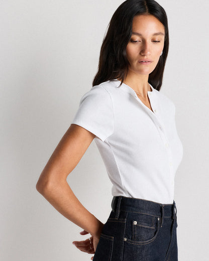 Organic Cotton Micro-Rib Button Tee - XS / Soft White
