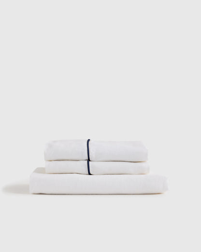 European Linen Piped Fitted Sheet Set - Twin / Mist/White