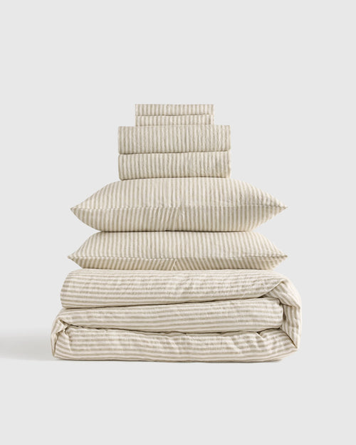 European Linen Deluxe Bedding Bundle - Twin / Willowleaf/White Stripe